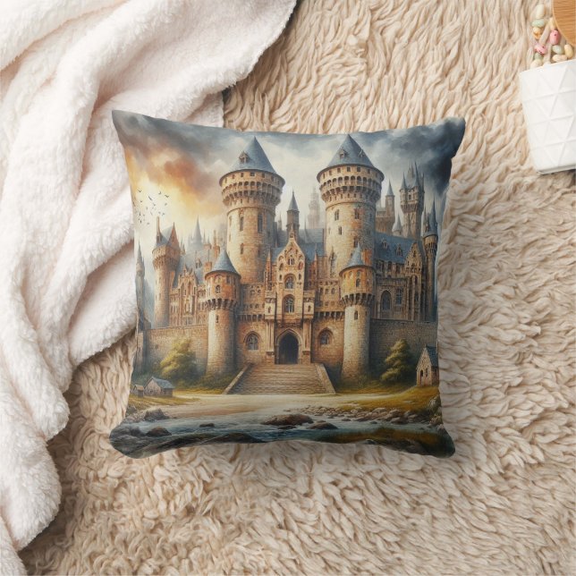 Mediaeval Castle at Sunset with Atmospheric Skies Cushion (Blanket)