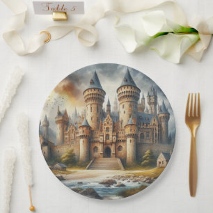 Mediaeval Castle at Sunset with Atmospheric Skies Paper Plate