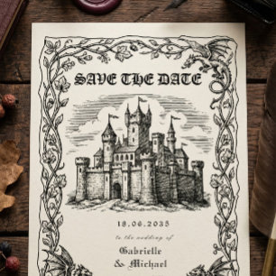 Mediaeval Castle Black White Illustration Save The Date
