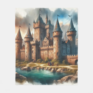 Mediaeval Castle by a Tranquil River at Sunset Fleece Blanket