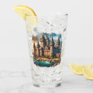 Mediaeval Castle by a Tranquil River at Sunset Glass