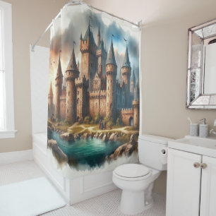 Mediaeval Castle by a Tranquil River at Sunset Shower Curtain