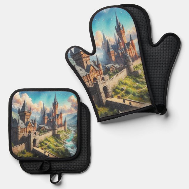 Mediaeval Castle in a Mountain Valley Landscape Oven Mitt & Pot Holder Set (Front/Back)