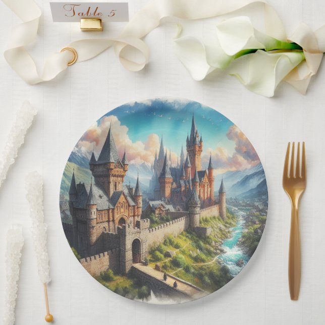 Mediaeval Castle in a Mountain Valley Landscape Paper Plate (Wedding)