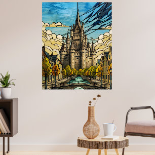 Mediaeval Castle over Canal Stained Glass Art Illu Poster