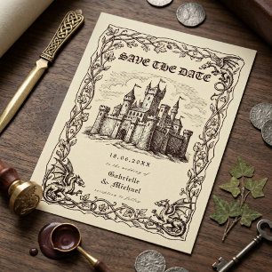 Mediaeval Castle Sepia Illustration Wedding Save The Date