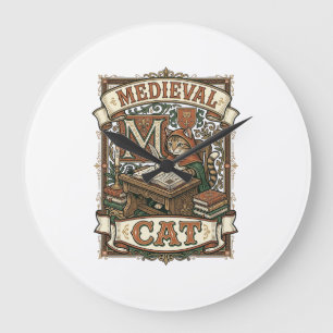 Mediaeval Cat Cat Mediaeval Manuscript Vintage Large Clock