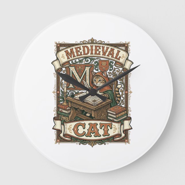 Mediaeval Cat Cat Mediaeval Manuscript Vintage Large Clock (Front)