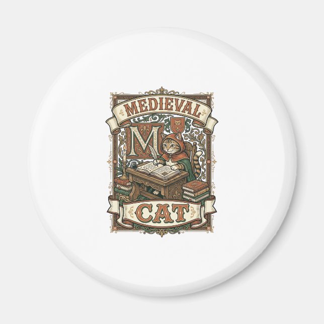 Mediaeval Cat Cat Mediaeval Manuscript Vintage Magnet (Front)