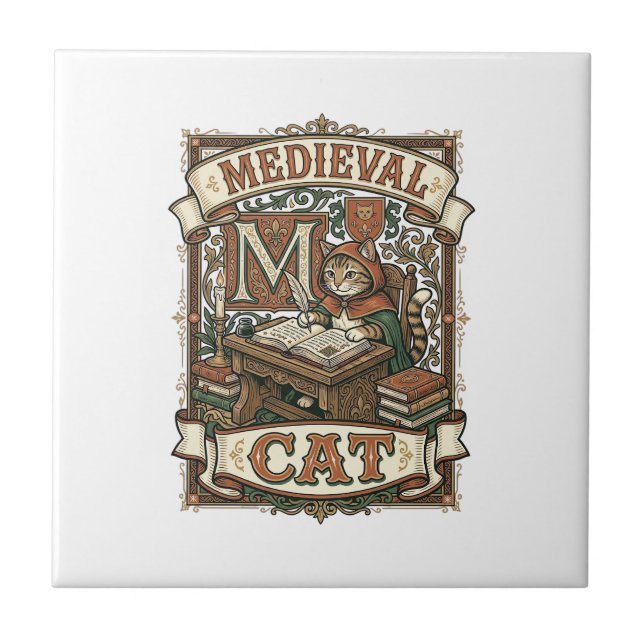 Mediaeval Cat Cat Mediaeval Manuscript Vintage Tile (Front)