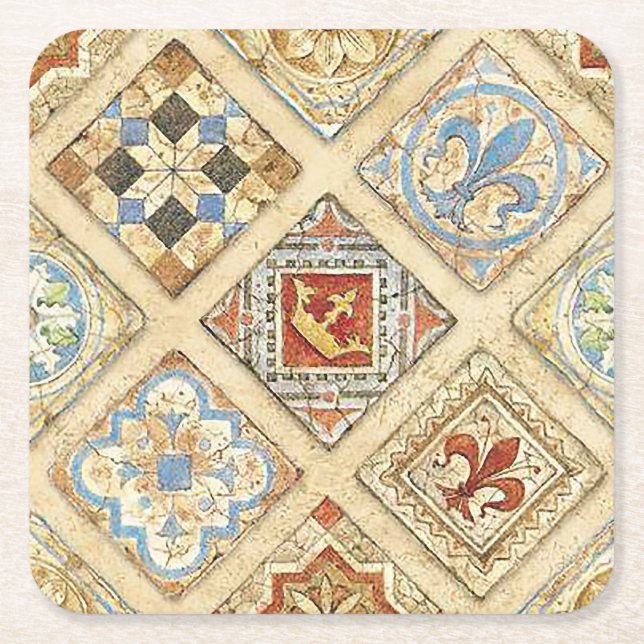 Mediaeval Ceramic Tile Crowns Fleur De Lis Square Paper Coaster (Front)