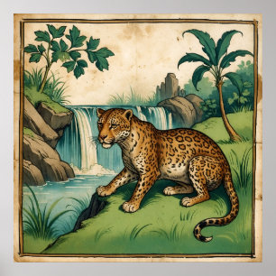 Mediaeval Charming Waterfall Leopard Poster