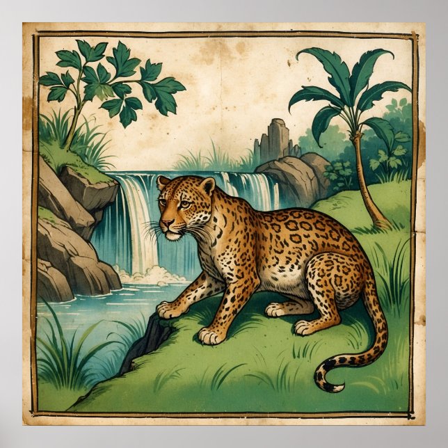 Mediaeval Charming Waterfall Leopard Poster (Front)