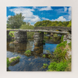 Mediaeval clapper bridge over river in Dartmoor UK Jigsaw Puzzle