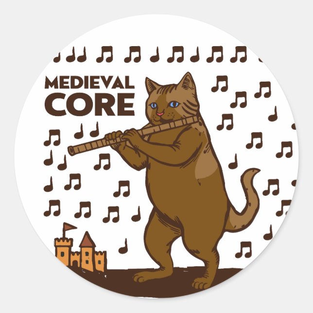 Mediaeval Core Funny Cat Playing Flute Art Classic Round Sticker (Front)