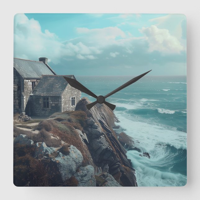 Mediaeval Cottage on a Cliff Square Wall Clock (Front)