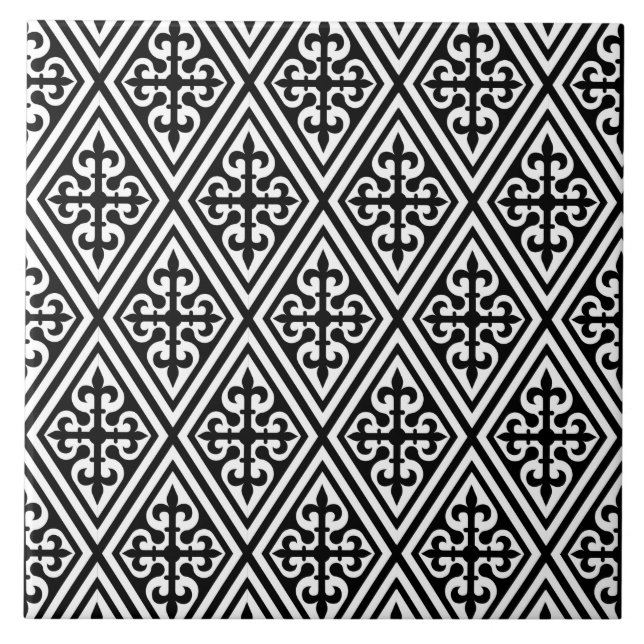Mediaeval Cross Damask - Black and White Tile (Front)