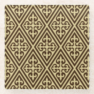 Mediaeval Cross Damask - Dark Brown and Tan Glass Coaster