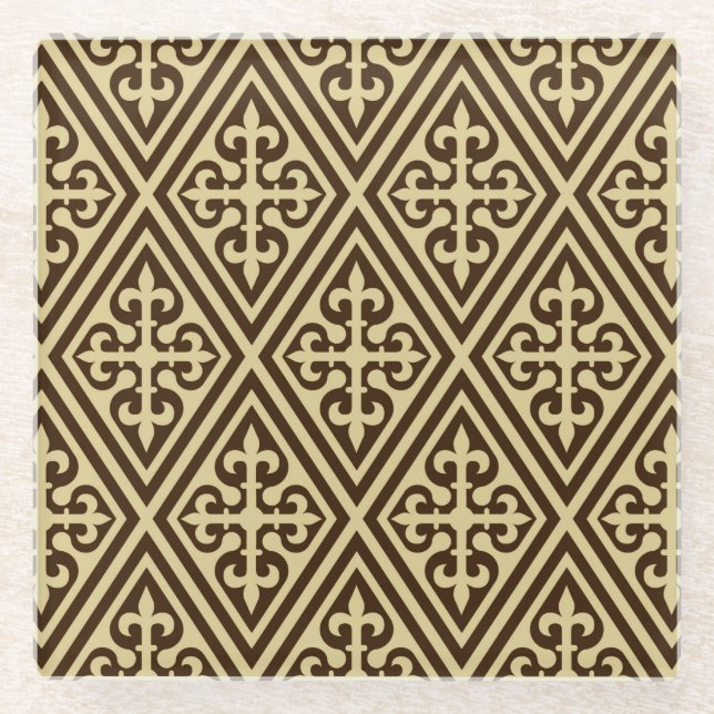 Mediaeval Cross Damask - Dark Brown and Tan Glass Coaster (Front)