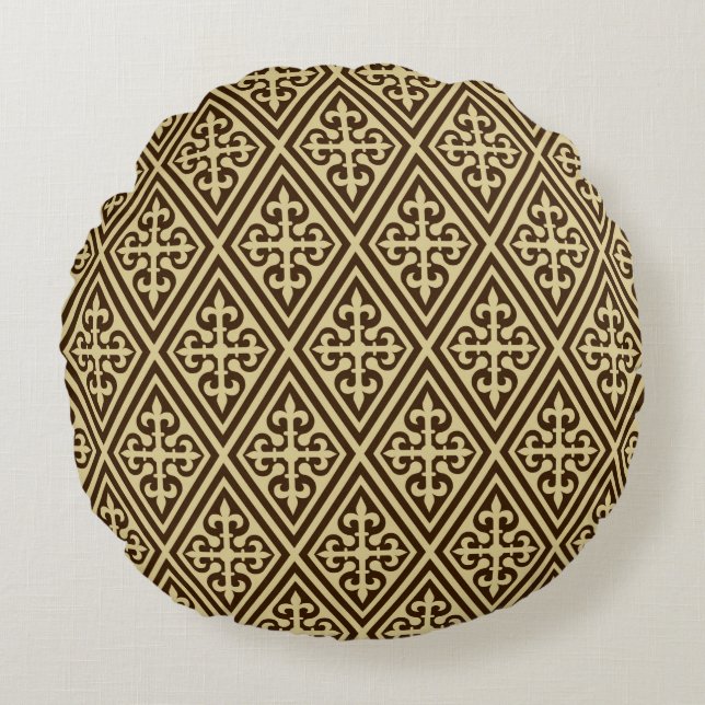 Mediaeval Cross Damask - Dark Brown and Tan Round Cushion (Front)