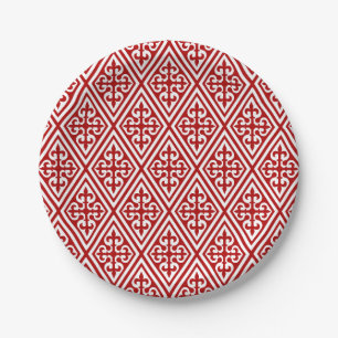 Mediaeval Cross Damask - Deep Red and White Paper Plate