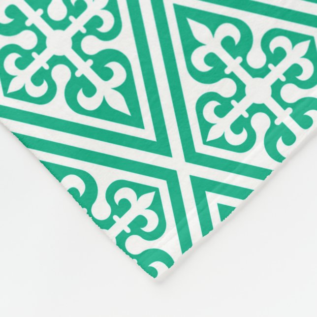 Mediaeval Cross Damask - Turquoise and White Fleece Blanket (Corner)