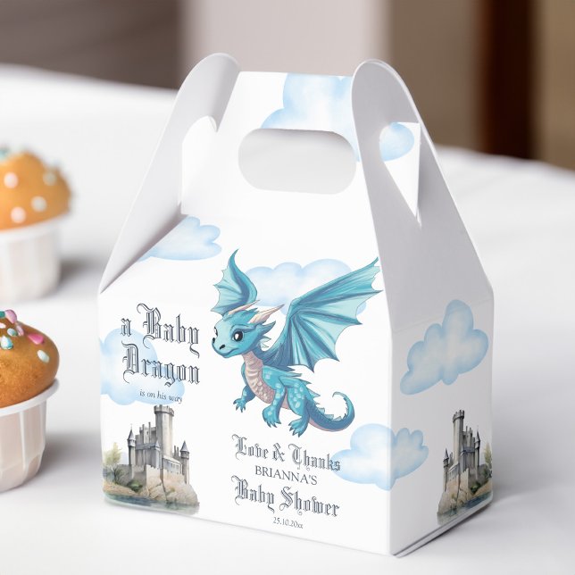 Mediaeval cute blue  dragon baby shower customised favour box (Medieval cute blue baby dragon baby shower favors personalized printed favor boxes)