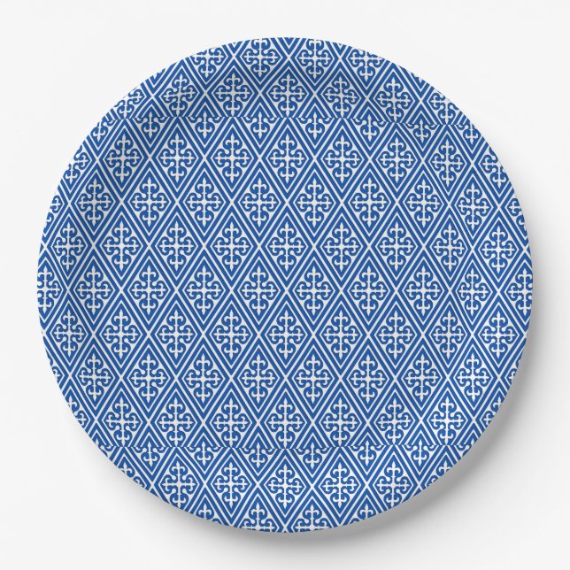 Mediaeval Damask Diamonds, cobalt blue Paper Plate (Front)