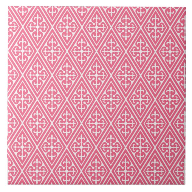 Mediaeval Damask Diamonds, coral pink & white Tile (Front)