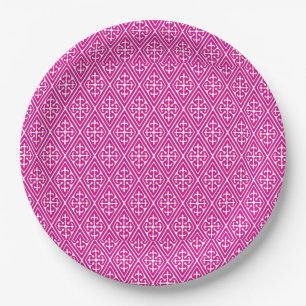Mediaeval Damask Diamonds, magenta and white Paper Plate