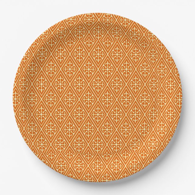 Mediaeval Damask Diamonds, mandarin orange Paper Plate (Front)