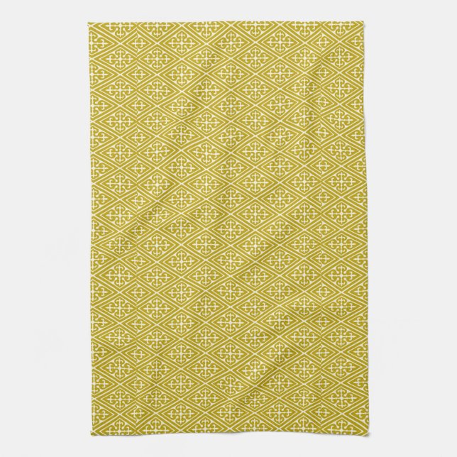 Mediaeval Damask Diamonds, mustard gold Tea Towel (Vertical)