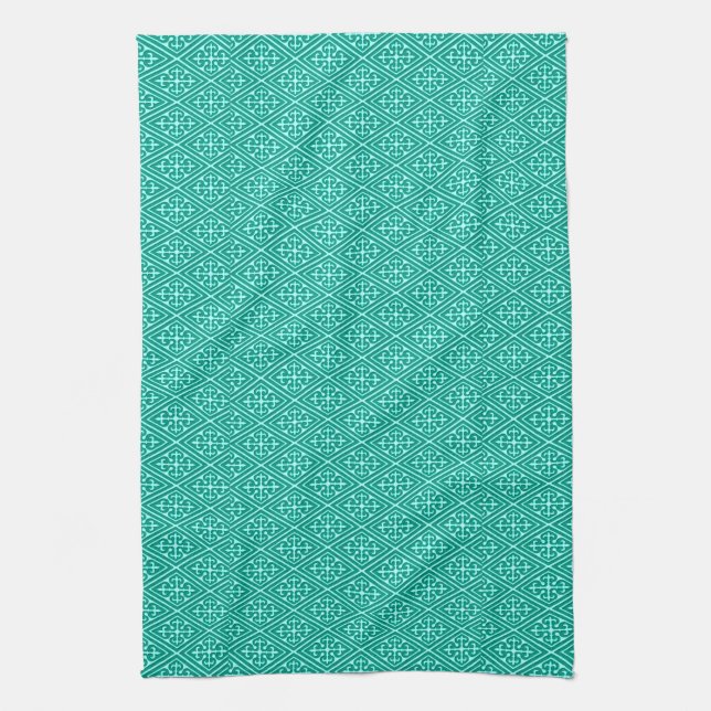 Mediaeval Damask Diamonds, turquoise and aqua Tea Towel (Vertical)