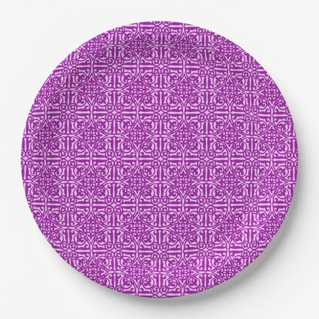 Mediaeval Damask Fleur-de-lis, amethyst purple Paper Plate (Front)