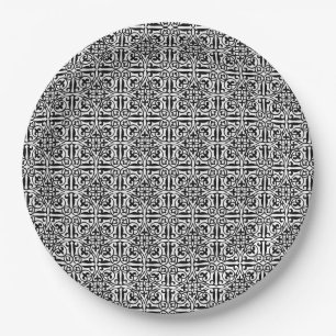 Mediaeval Damask Fleur-de-lis, black and white Paper Plate