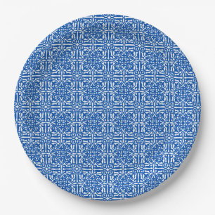 Mediaeval Damask Fleur-de-lis, cobalt blue Paper Plate