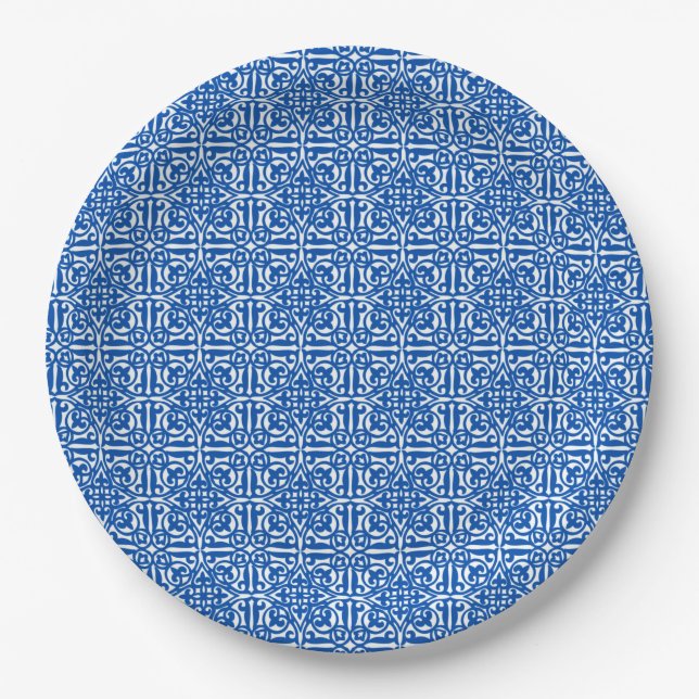 Mediaeval Damask Fleur-de-lis, cobalt blue Paper Plate (Front)