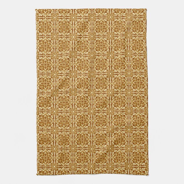 Mediaeval Damask Fleur-de-lis, copper and cream Tea Towel (Vertical)