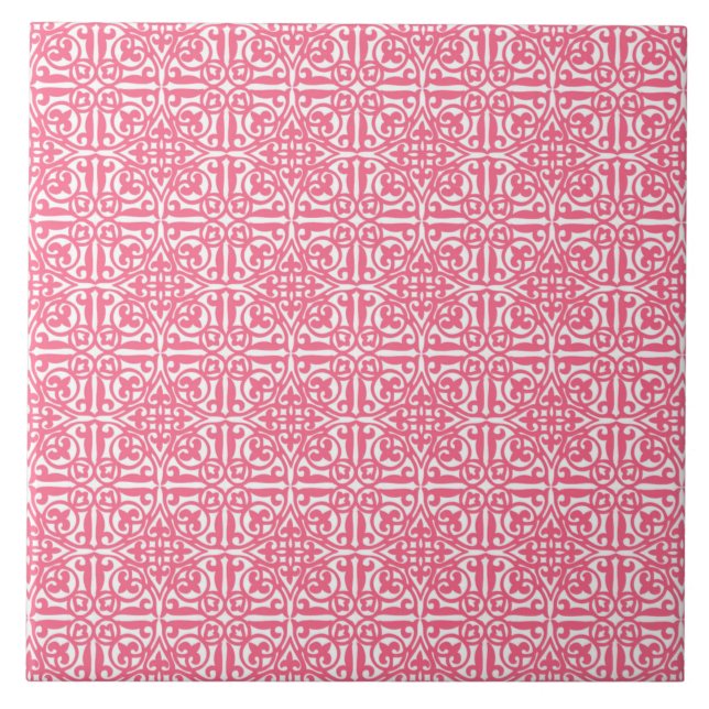 Mediaeval Damask Fleur-de-lis, coral pink & white Tile (Front)