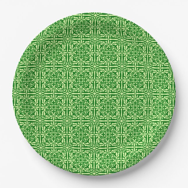 Mediaeval Damask Fleur-de-lis, dark pine green Paper Plate (Front)
