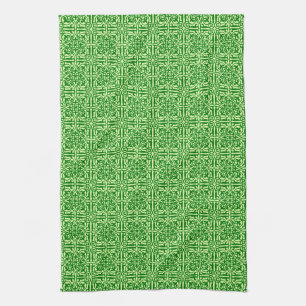Mediaeval Damask Fleur-de-lis, dark pine green Tea Towel