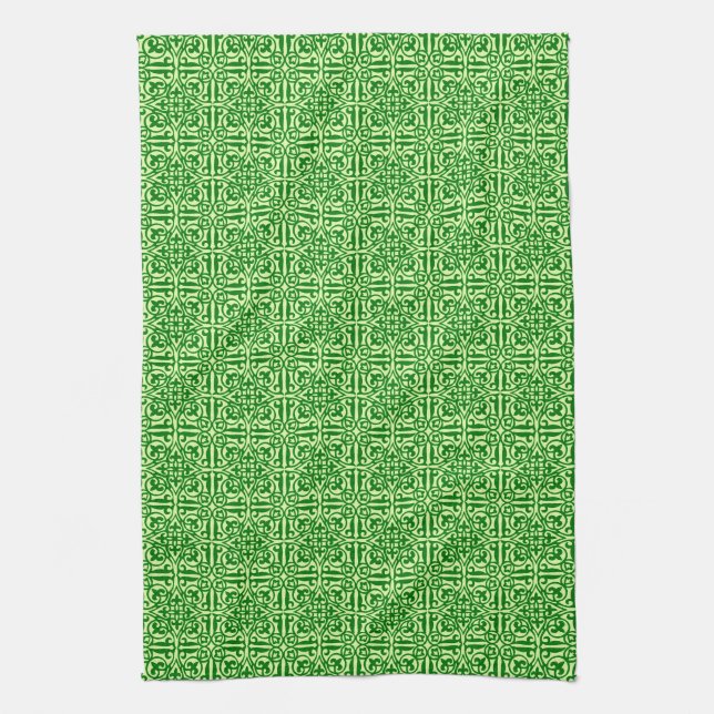 Mediaeval Damask Fleur-de-lis, dark pine green Tea Towel (Vertical)
