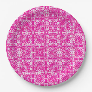 Mediaeval Damask Fleur-de-lis, magenta and white Paper Plate