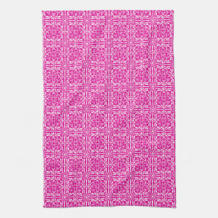 Mediaeval Damask Fleur-de-lis, magenta and white Tea Towel