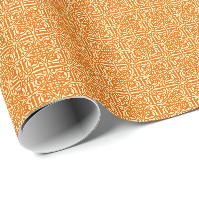Mediaeval Damask Fleur-de-lis, mandarin orange Wrapping Paper (Roll Corner)