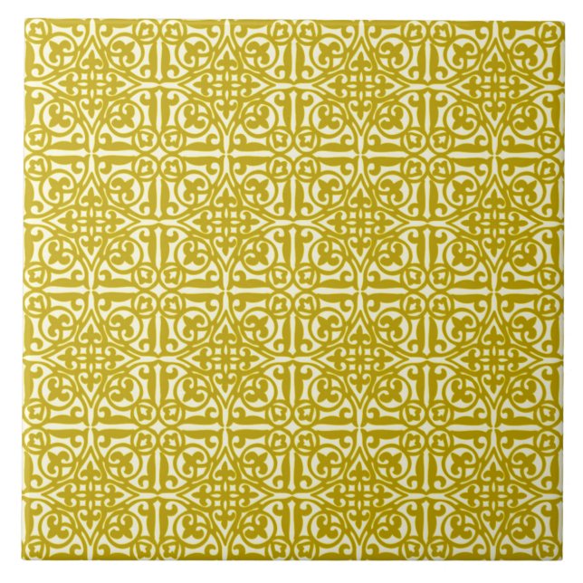 Mediaeval Damask Fleur-de-lis, mustard gold Tile (Front)