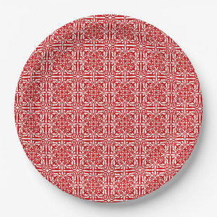 Mediaeval Damask Fleur-de-lis, red and white Paper Plate