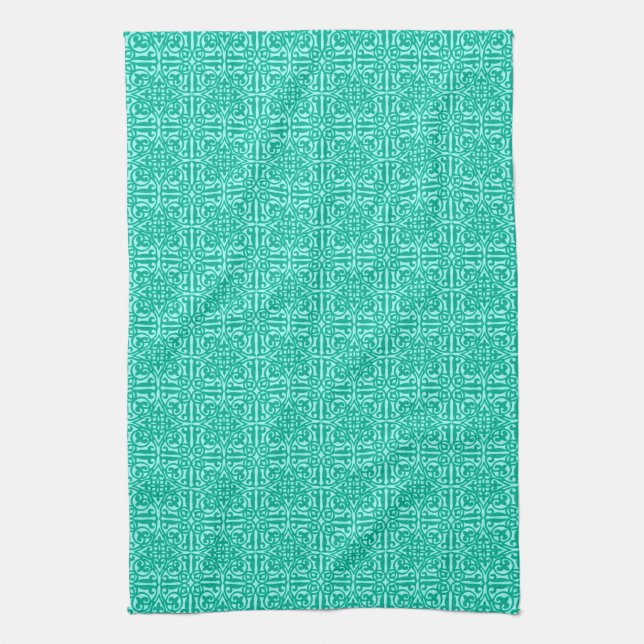 Mediaeval Damask Fleur-de-lis, turquoise & aqua Tea Towel (Vertical)