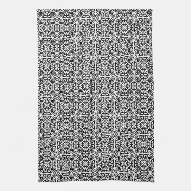 Mediaeval Damask pattern, black and white Tea Towel (Vertical)