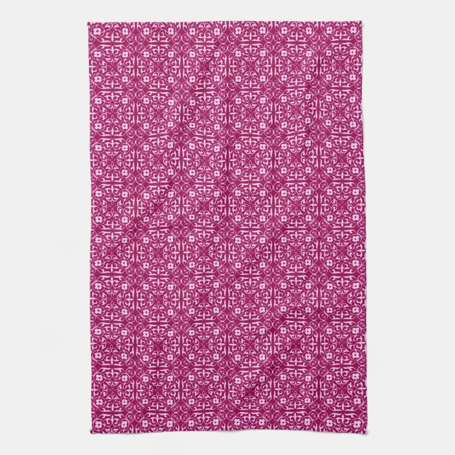 Mediaeval Damask pattern, burgundy wine Tea Towel (Vertical)